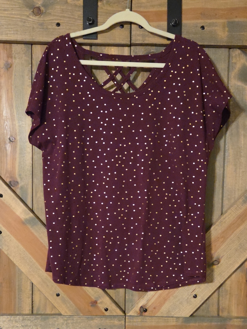 Lane Bryant Burgundy Short-Sleeve Top with Gold Dot Pattern